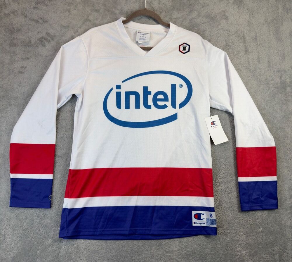 Champion Jersey Mens Small White Red Blue Esports Arena Intel Hockey Long Sleeve